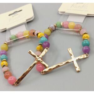 Set of 2 Cross Gold Tone Bracelet Beaded Hammered Catholic Religious Easter Gift